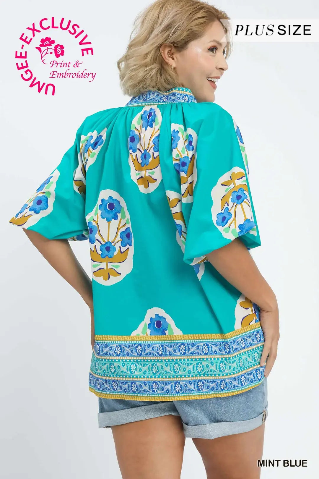 Umgee Boho-Chic Floral Print Blouse-Mint Blue