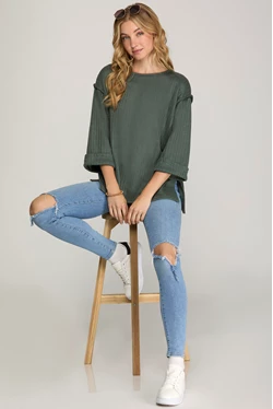 She + Sky 3/4 FOLDED SLEEVE KNIT TOP-Slate