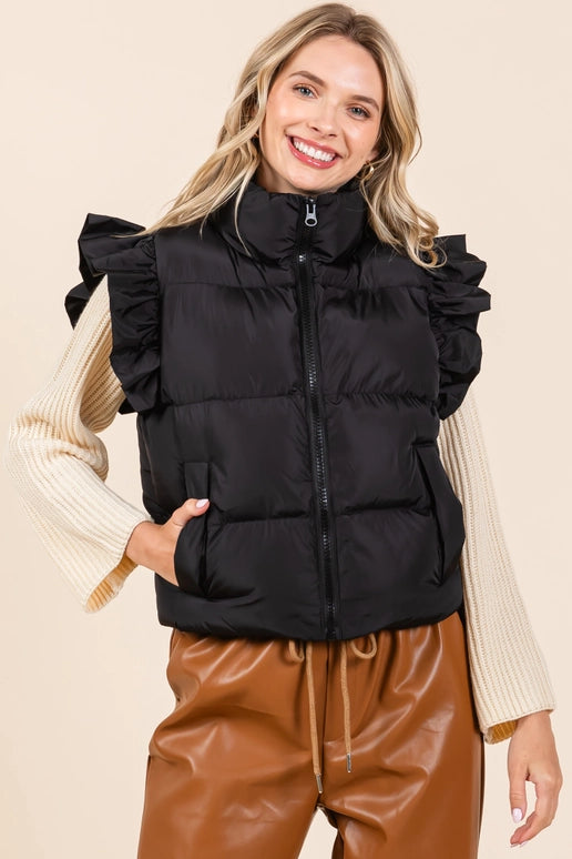 GeeGee Ruffled Sleeve Puffer Vest-Black