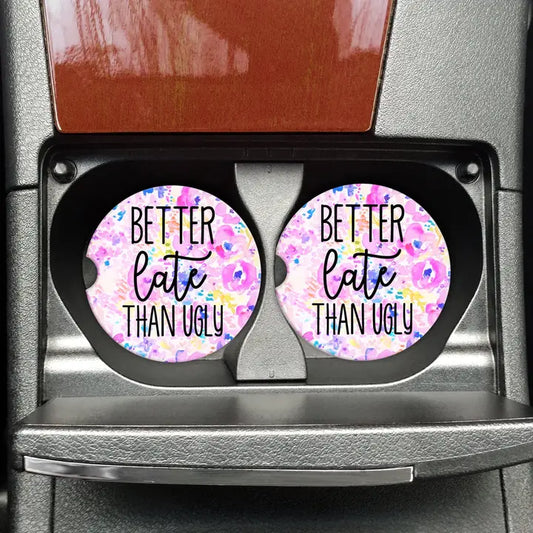 Mugsby" Better Late Than Ugly" Car Coasters Set of 2