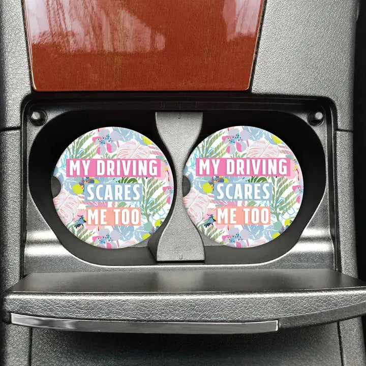 Mugsby "My Driving Scares Me Too" Car Coasters Set of 2