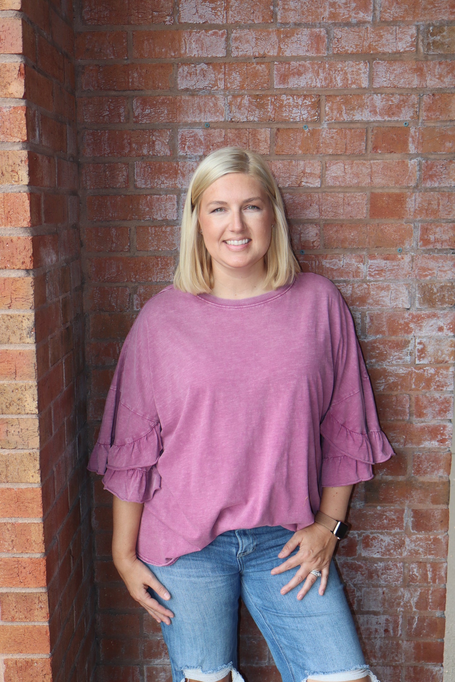 Easel Raspberry Wing Ruffle Top