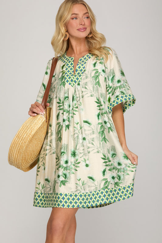She + Sky Bell Sleeve Printed Mini Dress-Green