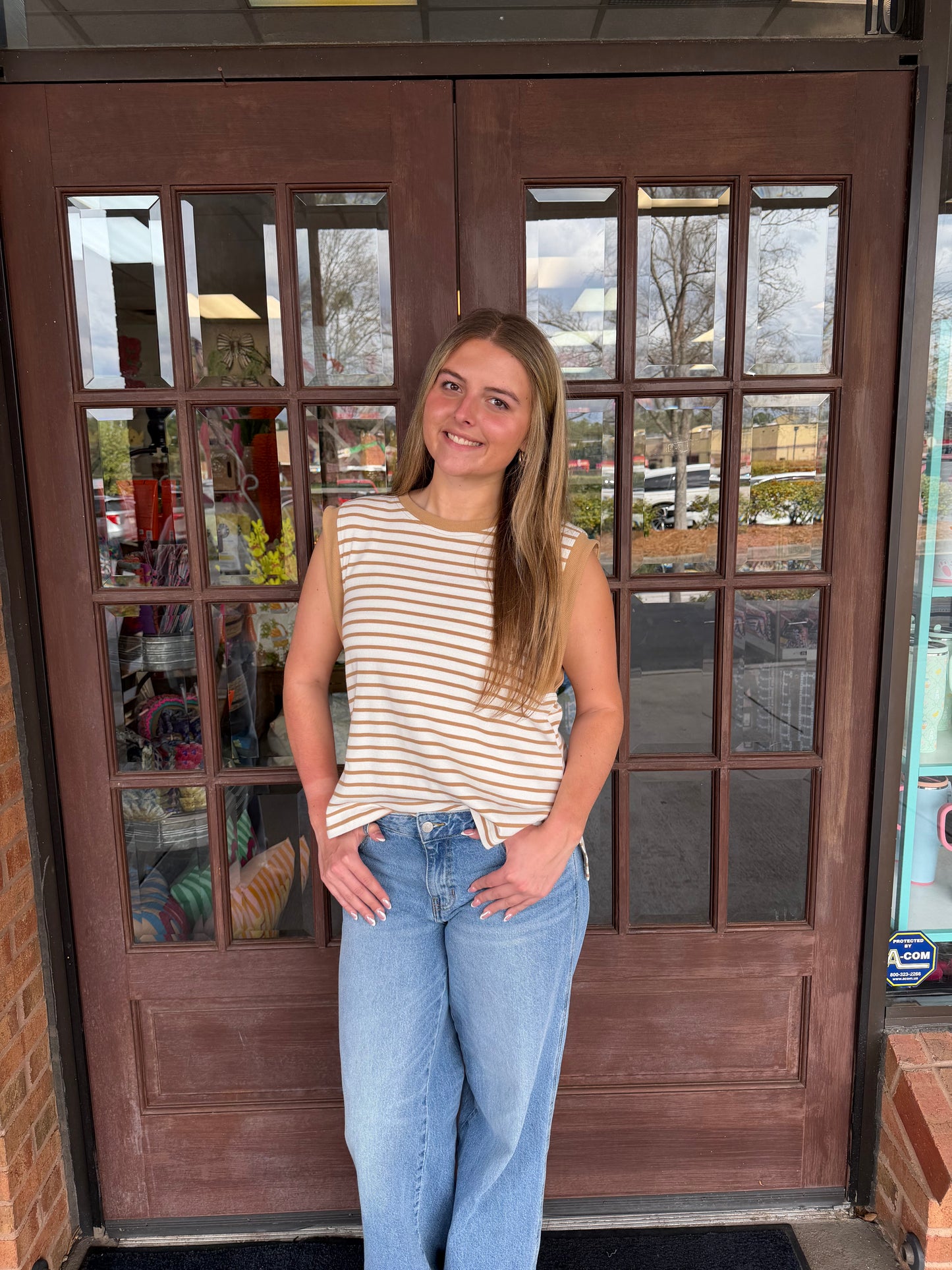 Entro Striped Sleeveless Knit Top-Taupe
