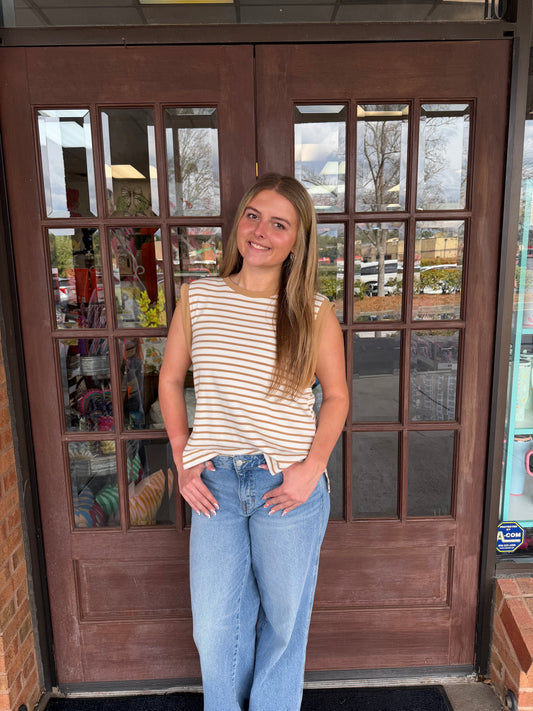 Entro Striped Sleeveless Knit Top-Taupe
