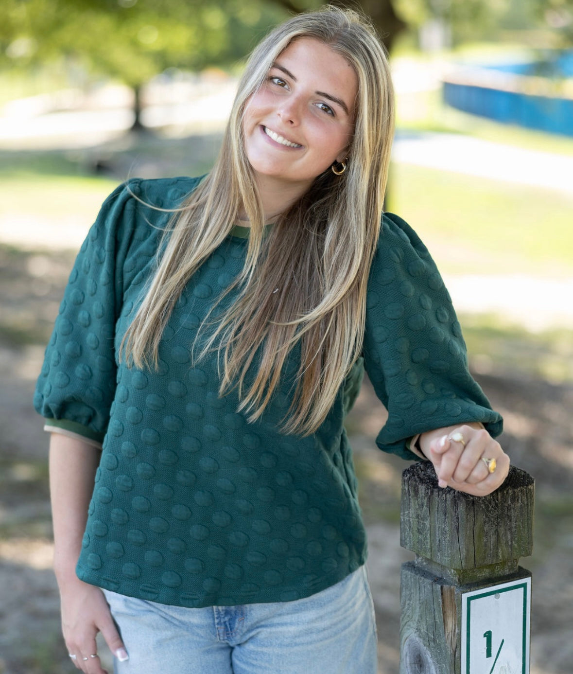 Umgee Jacquard Textured Dot Puff Sleeve Sweatshirt