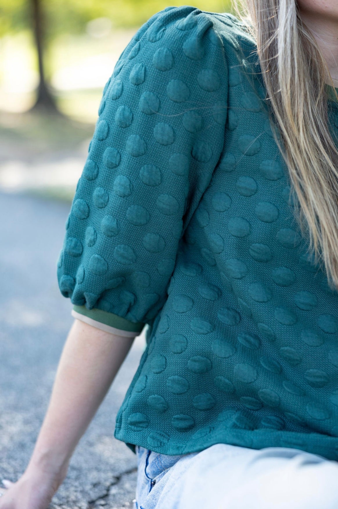 Umgee Jacquard Textured Dot Puff Sleeve Sweatshirt