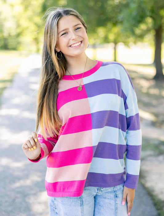 She + Sky Long Sleeve Stripe Color Block Sweater