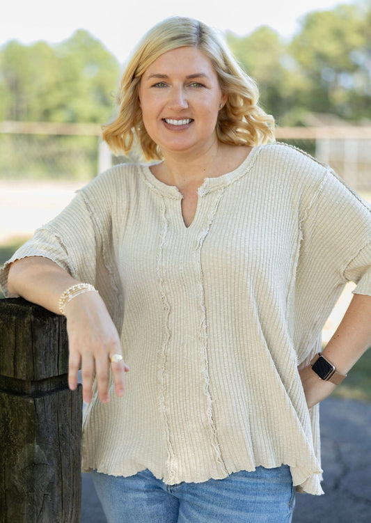 Easel Textured Rib Knit Mineral Washed Top